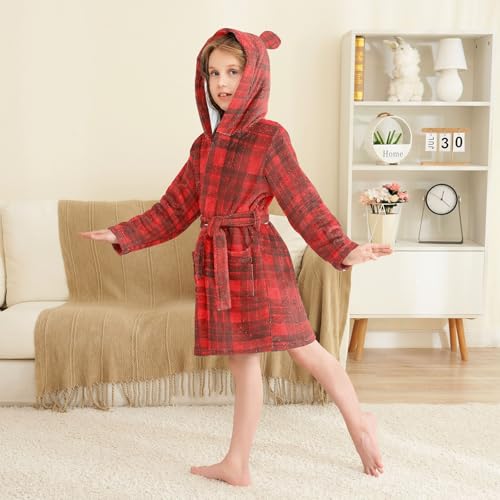 GuoChe Bathrobe For Kids Girls Stripe Plaid Hooded Robe For Kids3