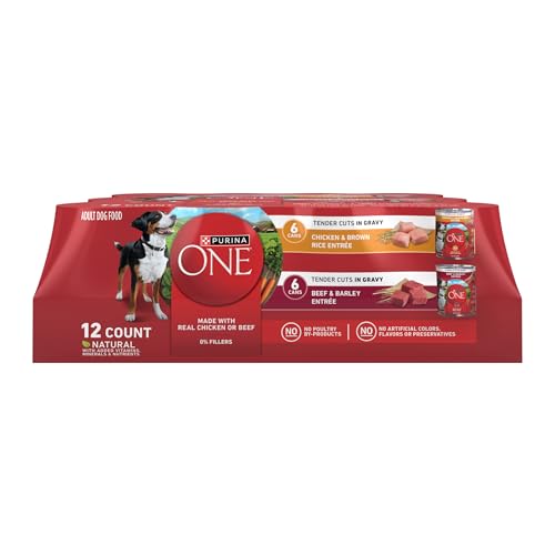 Image of Purina ONE Wet Dog Food Variety Pack, Tender Cuts, (12) 13 oz Cans | Tender Cuts in Gravy, Chicken & Rice and Beef & Barley Entrees, natural dog food with added vitamins, minerals, and nutrients