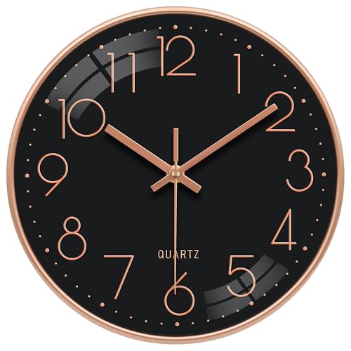 VIKMARI Stiller Wanduhr 25 cm Batteriebetrieben Nicht-Tickend mit 3D-Goldzahlen Quarzuhr Analog Deko für Schlafzimmer Büro Badezimmer (Roségold Schwarz)