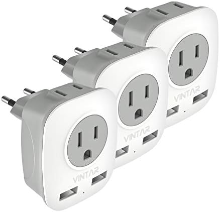 [3-Pack] European Travel Plug Adapter, VINTAR International Power Adaptor with 2 USB Ports,2 American Outlets- 4 in 1 Travel Essentials to France, Germany, Greece, Italy, Israel, Spain (Type C)