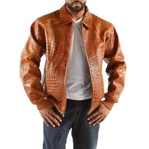 Men's Tan Brown Real Leather Motorcycle Jacket Genuine Alligator Crocodile premium leather skin Biker Jacket (US, Alpha, X-Large, Regular, Regular, Tan Brown)