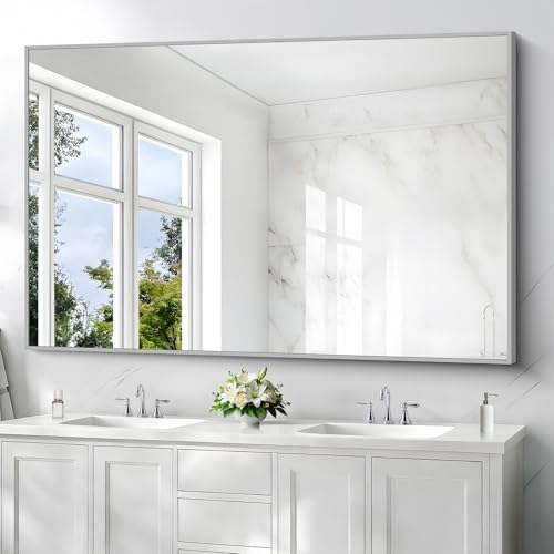 Image of COFENY 40x60inch Silver Bathroom Mirror, Silver Rectangle Mirror with Frame, Large Rectangular Wall Mirrors for Bathroom, Living Room, Hair Salon, Big Farmhouse Mirror Hang Horizontal /Vertical