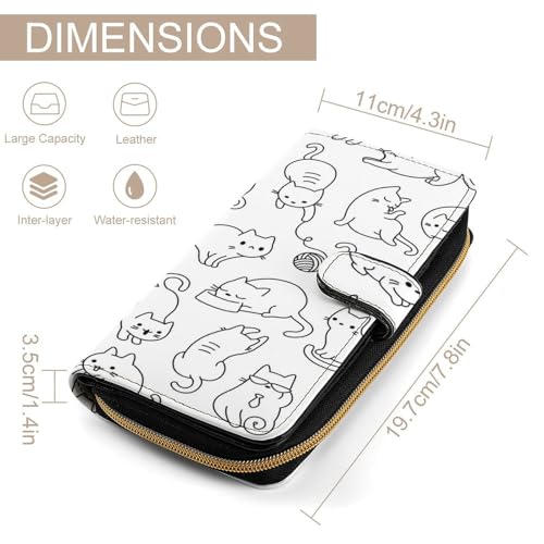 Women Soft PU Leather Wallet, Zipper Card Case Clutch Credit Bills Money Crash Coin 7.8x4.3x1.4 in Holder Purse Print Seamless Drawing Cute Cartoon Cats on White2