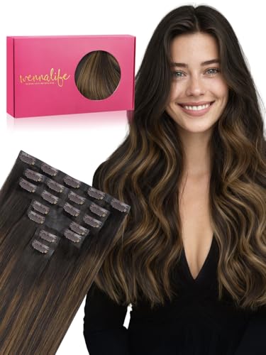 WENNALIFE Seamless Clip In Hair Extensions, 14 Inch 130g 7pcs Balayage Dark Brown to Chestnut Brown Hair Extensions Clip in Human Hair Invisible PU Skin Weft Natural Remy Human Hair Extensions