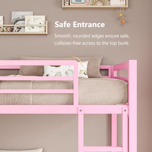 Image of iPormis Metal Bunk Bed Full Over Full, Heavy Duty Bunk with High Guardrail and Safety Entrance Design, Under-Bed Storage Space, Easy Assembly, Noise Free, Pink