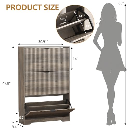 Image of HUANLEGO Shoe Cabinet Storage for Entryway with 3 Flip Drawers, Grey Fluted Shoe Cabinet with Adjustable Shelves, Wooden Hidden Shoe Rack Freestanding Narrow Slim Shoes Storage for Hallway, Entrance
