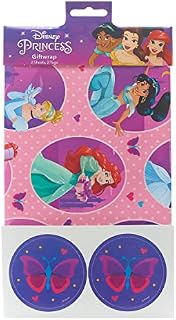 UK Greetings Disney Princess Packaged Wrap - Disney Gift Wrap for Girls - Sheet Wrap for Her - Birthday Wrapping Paper - 2 Sheets and 2 Tags, Multi