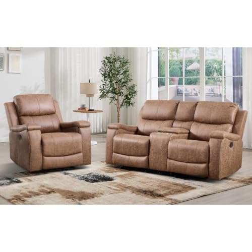 Image of CANMOV Faux Leather Manual Reclining Sofa Set, Manual Single Recliner Chair and 2 Seat Recliner Loveseat with Center Console, Hidden Storage and Cup Holders for Living Room,Bedroom Furniture,Nut Brown