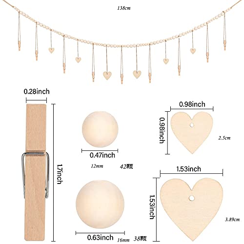 UgyDuky 2Pcs 4.5Ft Wall Hanging Photo Display with 80 Wooden Beads, 9 Photo Clips and 6 Hearts Tags Wood Bead Garland with Clothes Pin Boho Wall Hanging Picture Holder Rustic Photo Wall Decor for Home Office Nursery Room Decoration Supplies by UgyDuky - Image 2