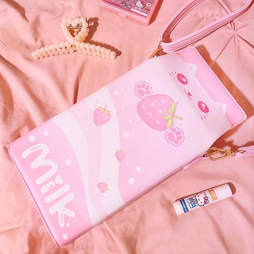 BelugaDesign Strawberry Milk Cat Purse | Pink Pastel Kawaii Anime Ears Paws Crossbody Bag Handbag | Cute Cartoon Faux Leather Carton Shape for Women with Removable Adjustable Strap3