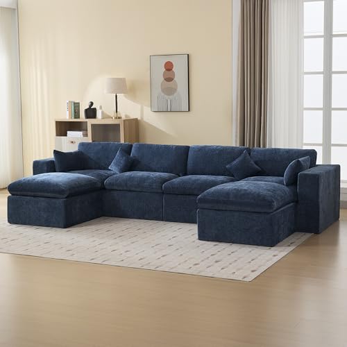 Image of 146''Cloud Boneless Sectional Couch, Modular Sectional Sofa Deep Seat with 2 Ottomans, Oversized Upholstered Convertible Comfy 6 Seater Chenille Sofa U Shape Couches for Living Room, Navy
