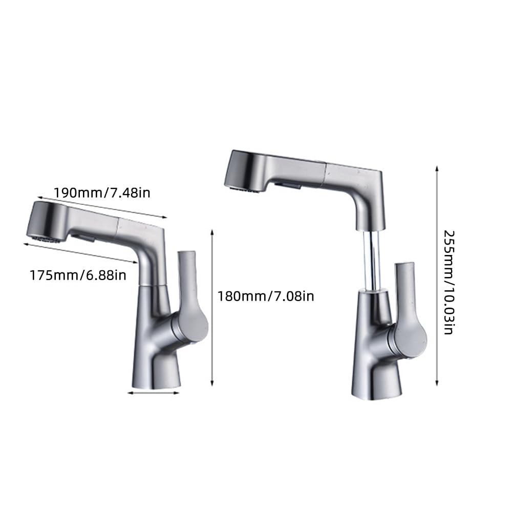 Rotatable and Liftable Kitchen Faucets with Pull Down Sprayer Height Adjustable 360 Degrees Swivel Hot and Cold Mixer Bathroom Faucet with 2 Water Outlet Modes