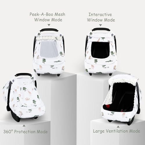 Image of Winter Car Seat Cover Baby with Sunshade & Dual Zipper Windows - Minky Bubble Lined Windproof Soft Shell, Warm Newborn Car Seat Canopy Covers, Elastic Bottom for Stroller & Infant Car Seat, Animal