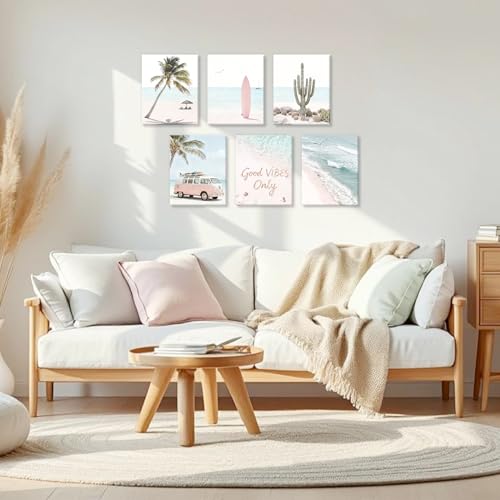 Image of CHDITB Beach Framed Canvas Wall Art, Coastal Palm Tree Artwork, Tropical Ocean Wall Decor, Boho Surfboard Poster, Pink Aesthetic Summer wave Art Prints For Living Room Seaside Cottage Decor 8 inchX10 inchx6