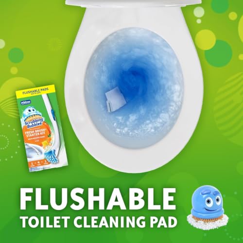 Image of Scrubbing Bubbles Toilet Bowl Brush and Holder with Cleaner Refill Pads, Fresh Brush Toilet Wand Starter Kit, Cleans Limescale & Fights Odors, Citrus Scent, 1 Wand + 4 Refills + 1 Stand (Pack of 4)