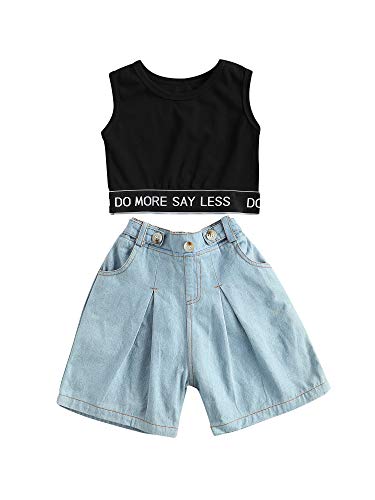 2Pcs/Set Cute Toddler Kids Baby Girl Summer Outfits Vest Tank T-Shirt Top Denim Jeans Shorts Clothes Set 6M-8T (Solid Black, 7-8 Years)