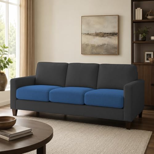 Image of Casaliving Gladino Modern Velvet Fabric Sofa, Tufted Design Upholstered 3 Seater Sofa Set for Living Room, Premium Velvet Fabric Sofa (Blue Black)