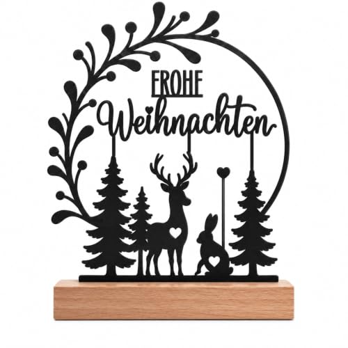 Decoración navideña para interior negro, 28 x 21,5 x 2,3 cm, metal, decoración navideña moderna con base de madera, diseño de bosque con ciervo, conejo y abetos, decoración de Navidad, alféizar de