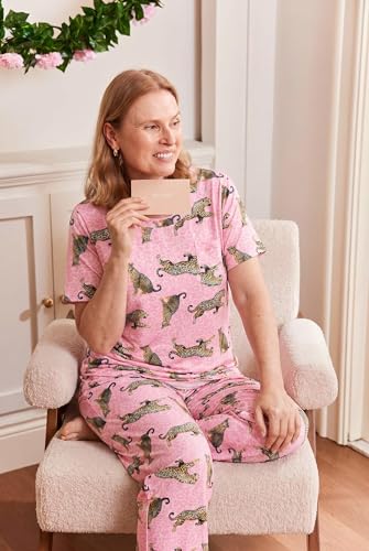 Image of Ekouaer Womens Satin Silky Pajama Set Short Sleeve Shirt with Long Pajama Pant Set Soft PJ Loungewear