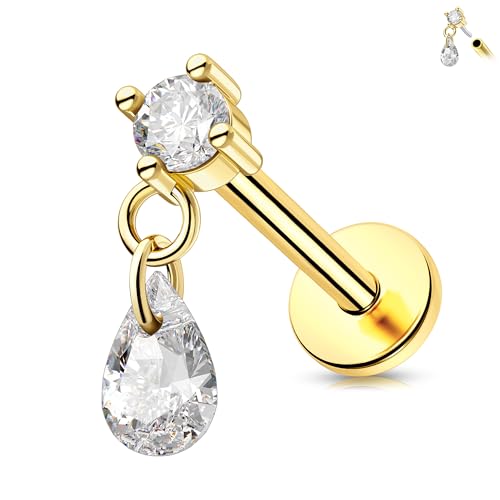 Melighting 14K Solid Gold Dangle Helix Earring Titanium Threadless Push In Earring 16G Gold Flat Back Earring 6/8 mm Cartilage Earring Conch Piercing Jewelry