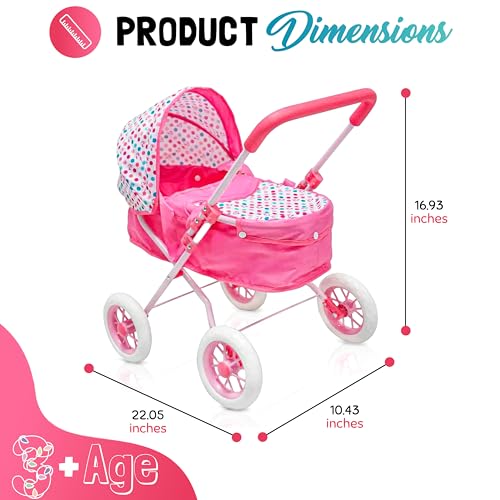 KOOKAMUNGA KIDS Baby Doll Stroller - Realistic 2 in 1 Baby Stroller for Dolls w/Detachable Bassinet – Toy Pram w/Carry Cot, Retractable Canopy & Soft Grip Handle - for Dolls up to 18" - Pink - Thumbnail 2