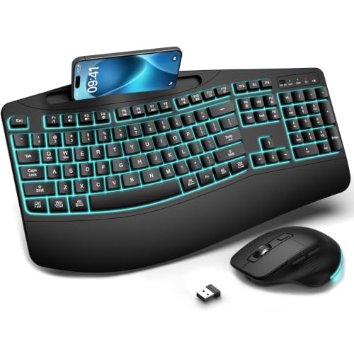 Wireless Ergonomic Keyboard and Mouse Combo, 7-Color Backlit Wave Keys - image 1