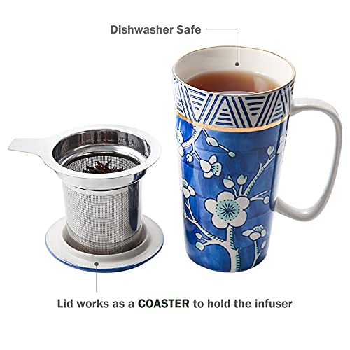 Taimei Teatime Ceramic Tea Cup with Infuser and Lid, 17oz Large