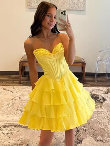 ForElise Strapless Satin Homecoming Dresses for Teens Tiered Ruffles Corset Short Prom Dress A Line Cocktail Party Gown4