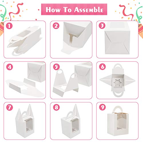 80 Pcs Individual Cupcakes Boxes, Farielyn-X Portable Single White Paper Cupcake Holder Containers Carrier, White Muffin Gift Boxes with Window Inserts Handle, for Wedding Birthday Party Candy Boxes