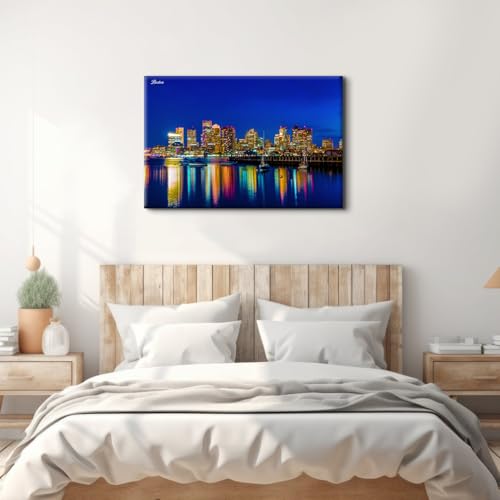 Image of USA City Posters Massachusetts Downtown Skyline Wall Art Cityscape Sunset Night View Canvas Prints Modern Buildings Landmarks Wall Decor Colorful Skyscraper Painting Artwork Office Decorations 32x48 inch
