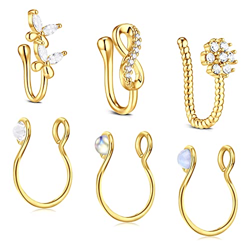 MODRSA 20G 16G Faux Piercing Septum Acier Chirurgical U-Forme Faux Clip on Piercing Nez Anneaux CZ Incrusté Opal pour Femme Homme Nouveauté Piercing - Or Cover