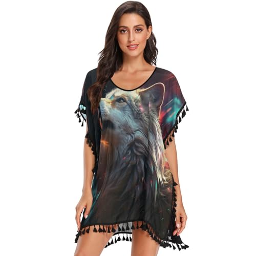 Abstract Sad Wolf Dark Space Women's Beach Cover Up Chiffon Tassel Swimwear Swimsuit Coverups for Girl