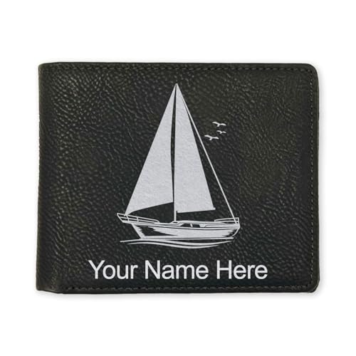 LaserGram Faux Leather Bi-Fold Wallet, Sailboat, Personalized Engraving Included (Black with Silver)