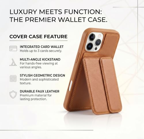 Image of amazon basics Luxury Vegan Leather Back Cover for iPhone 16 Pro Max | Built-in Card Holder Slot | Integrated Mobile Stand | Slim Shockproof Protective Case with Stitched Finish - Tan
