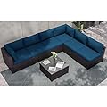 KIGOTY Patio Furniture Set 7 Pieces Conversation Sets, Outdoor Sectional Sofa, All-Weather PE Rattan Modular Sofa with Cushions and Glass Coffee Table?Coffee/Peacock Blue,7 Pieces-B?