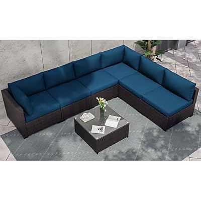 KIGOTY Patio Furniture Set 7 Pieces Conversation Sets, Outdoor Sectional Sofa, All-Weather PE Rattan Modular Sofa with Cushions and Glass Coffee Table?Coffee/Peacock Blue,7 Pieces-B?
