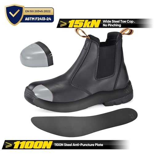 Image of Mens Work Boots Steel Toe Chelsea Safety Boots Cow Leather Waterproof Lightweight Working Shoes