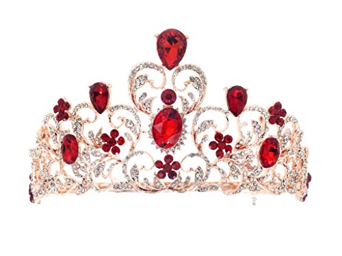 Weddingtopia Crystal Rose Gold Wedding Tiara And Matching Rhinestone Wedding Necklace Set Rhinestone Bridal Tiara Crown with side combs Wedding Hairband Comb Pin (ROSE GOLD RED)