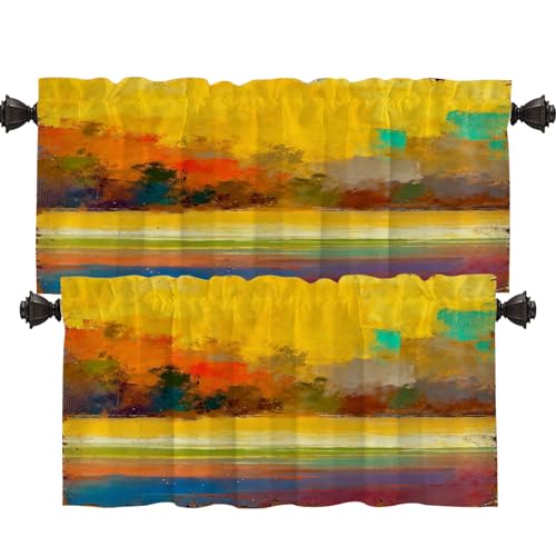 Shrahala Yellow Grunge Texture Kitchen Valances Half Window Curtain, Background Yellow Beige Brown Blue Green Red Orange Kitchen Valance for Window Valances Curtains for Decor 52x18 inch(2pcs)
