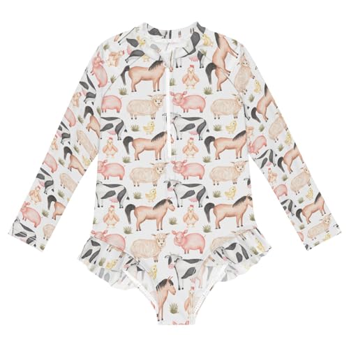 Aflyko Girls' Rash Guard Swimsuit Cartoon Sheep Cow Pig Chicken One-Piece Swimwear UPF 50+