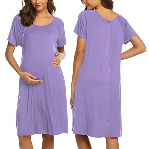 Image of Ekouaer Womens, Maternity Nightgown Nightshirt, Nightdress Short Sleeve Nursing Sleepshirt Labor Delivery Gowns, Lilac, Small