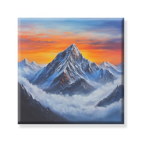 Image of Exsha Majestic Snow-Capped Mount Everest Peak at Sunset Canvas Wall Painting|Vibrant Himalayas Square Art Print for Living Room, Bedroom, Office Decor|Nature Painting for Wall Decoration|20x20 Inch