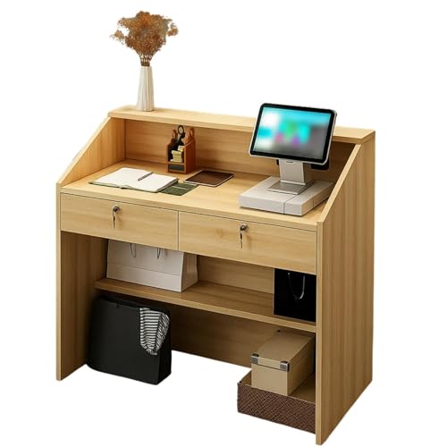 Image of TEKAVO Jupiter Reception Table for Store, Shop & Gym 100 Cm Long | Front Checkout Counter with Lock Drawers & Open Shelf | Cash Counter Table | Light Brown Wood | 100 x 45 x 92 CM | DIY Assembly