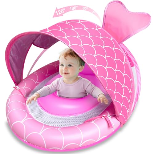 Baby Float with Canopy for Age 6-36 Months, UPF50+ Sun Protection 4 Stage Adjustable Canopy Dual Air Chambers Adjustable Safety Seat Inflatable Swim...