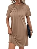Acelitt Womens Casual Summer Dress 2024 Fashion Crewneck Short Sleeve Lace Trendy Loose Vacation Pleated Tunic Dresses Khaki Large