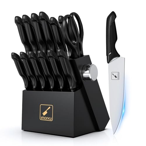 imarku Knife Set with Block, Sharp Knives Set with Built-in Sharpener, Stainless Steel Kitchen Knife Sets with Non-Slip Ergonomic Handle, Dishwasher Safe, 14 PCS Professional Knife Set for G