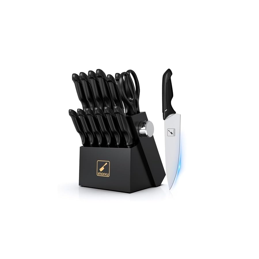 imarku Knife Set with Block, Sharp Knife Set with Built-in Sharpener, Stainless Steel Kitchen Knife Set with Non-Slip Ergonomic Handle, Dishwasher Safe, 14 PCS Professional Knife Set for Gift, Black