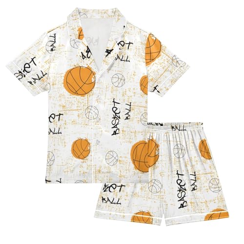Satin Pajama Sets Short Sleeve Basketball Print for Textiles Button Down Silky Nightwear 2 Piece PJS 5-14Y