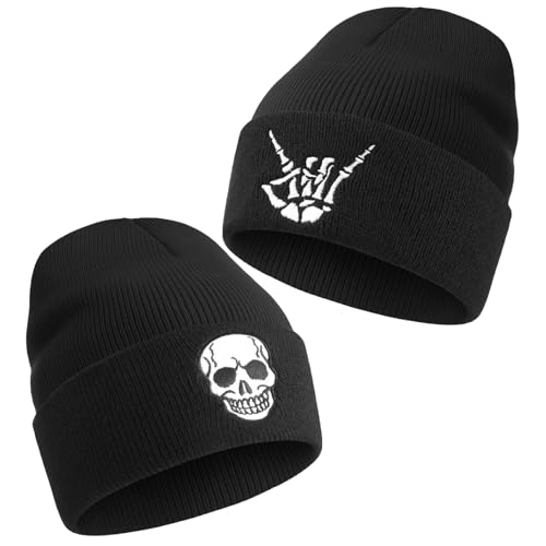 Fingertip WD 2 Pack Halloween Skull Knit Beanie Hats for Men Women Embroidered Finger Bone Cuffed Winter Hat for Birthday Skeleton Gifts