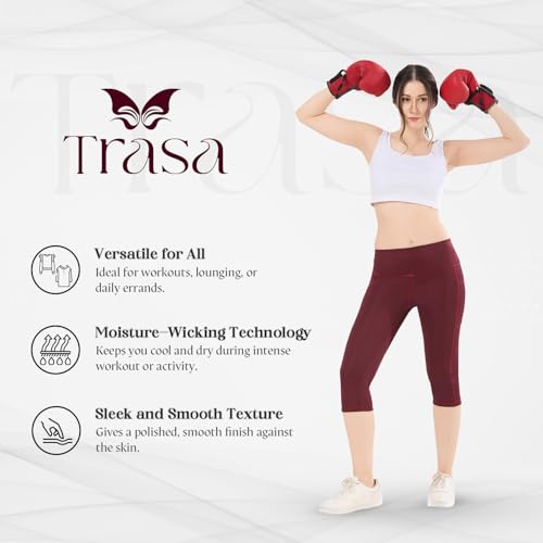 Image of TRASA Active 3 /4th Yoga Pants for Womens Gym High Waist with 2 Pockets, Tummy Control, Workout Pants 4 Way Stretch Yoga Capri - Available Sizes - S, M, L,XL, 2XL,3XL,4XL